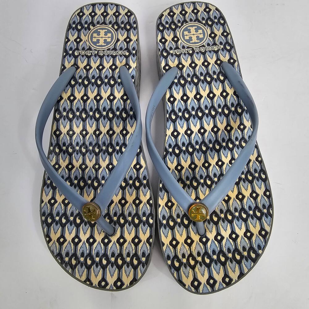 Tory Burch Blue Wedge Geometric Print Thong Flip Flop Sandals Size Unmarked 25cm - Picture 3 of 12